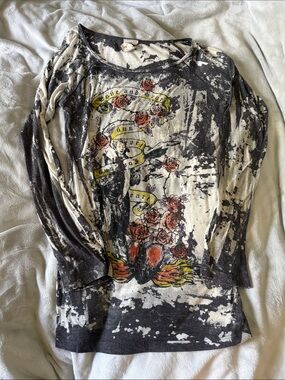 Y2K Grunge Rose Graphic Sheer Mesh Long Sleeve Top - Large